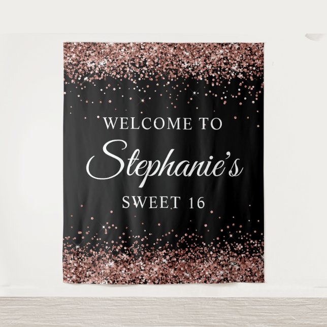 Rose Gold Glitzer und Schwarz Willkommen im Sweet  Wandteppich (Vorderseite)