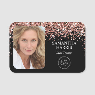 Rose Gold Glitzer und Schwarzes Logo und Foto Namensschild