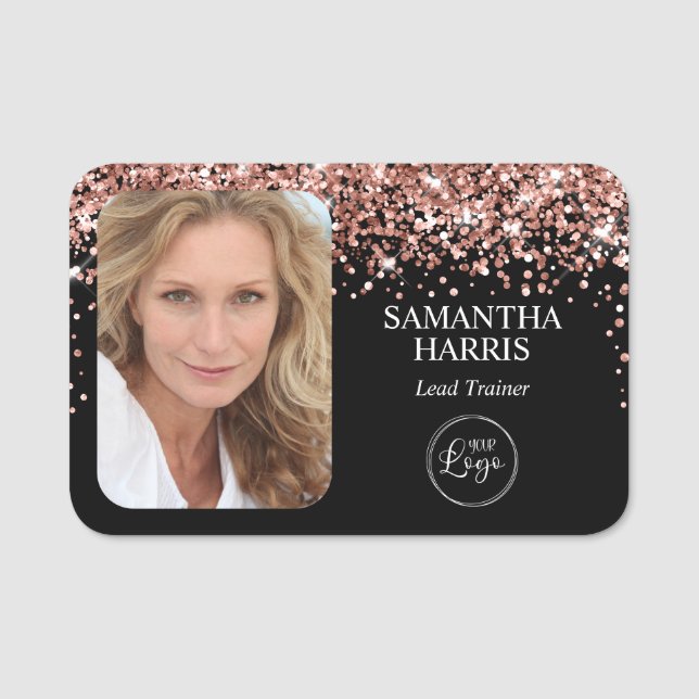 Rose Gold Glitzer und Schwarzes Logo und Foto Namensschild (Vorderseite)