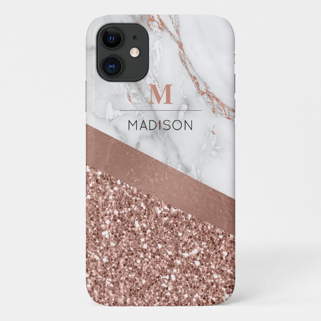 Rose Gold-Glitzer und Sparkle-Marmor-Monogramm Case-Mate iPhone Hülle (Rückseite)