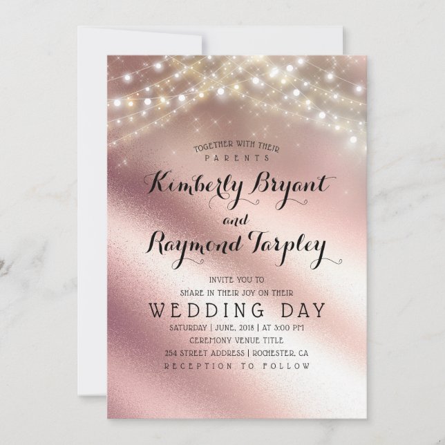 Rose Gold Glitzer und Sring Lights Hochzeit Einladung (Vorderseite)