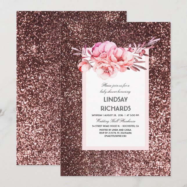 Rose Gold Glitzer Vintag Blütendusche Einladung (Vorne/Hinten)