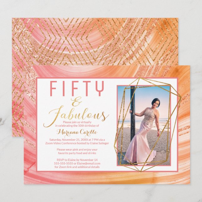 Rose Gold Glitzer Virtual 50 und fabelhafter Gebur Einladung (Vorne/Hinten)