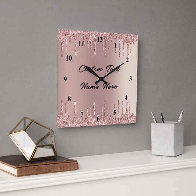 Rose Gold-Glitzer-Wandanzeige mit benutzerdefinier Quadratische Wanduhr (Büro)