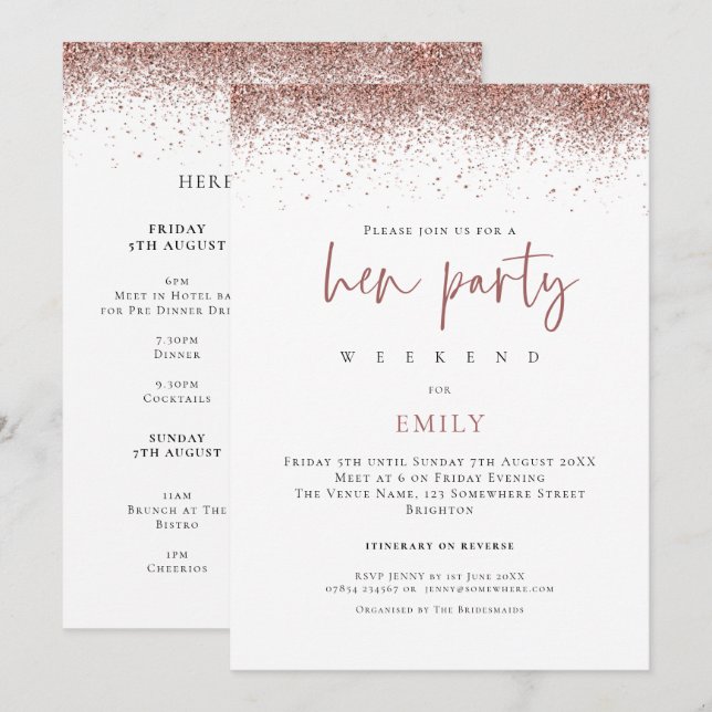 Rose Gold Glitzer Weekend Weinroute Henne Party Einladung (Vorne/Hinten)