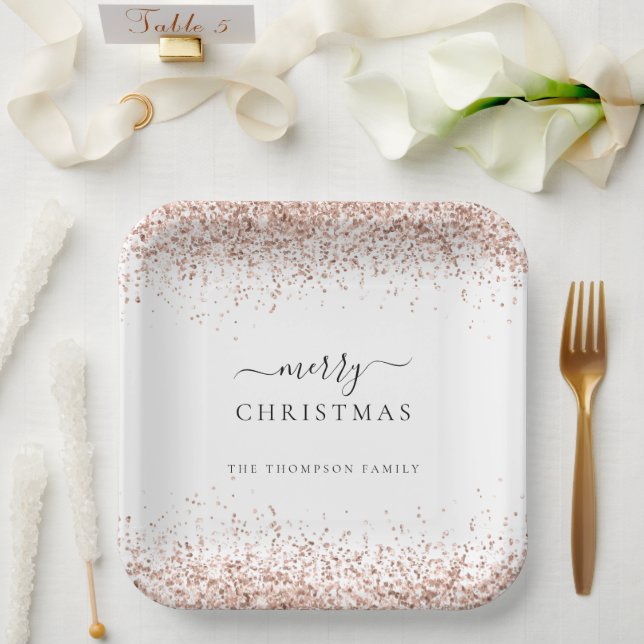 Rose Gold Glitzer Weißer Name Frohe Weihnachten Pappteller (Hochzeit)