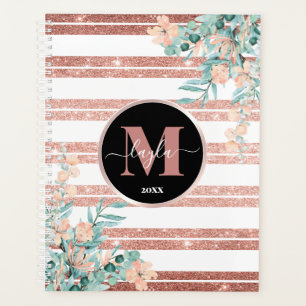 Rose Gold Glitzer + Weißstreifen-Flor-Monogramm Planer
