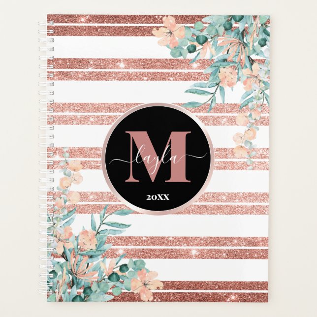Rose Gold Glitzer + Weißstreifen-Flor-Monogramm Planer (Vorderseite)