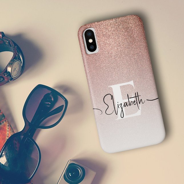 Rose Gold Glitzer White Monogram Black Script Name Case-Mate iPhone Hülle (Von Creator hochgeladen)