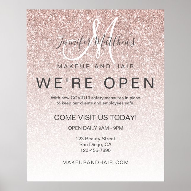 Rose Gold Glitzer Wiedereröffnung Makeup Friseur S Poster (Vorne)