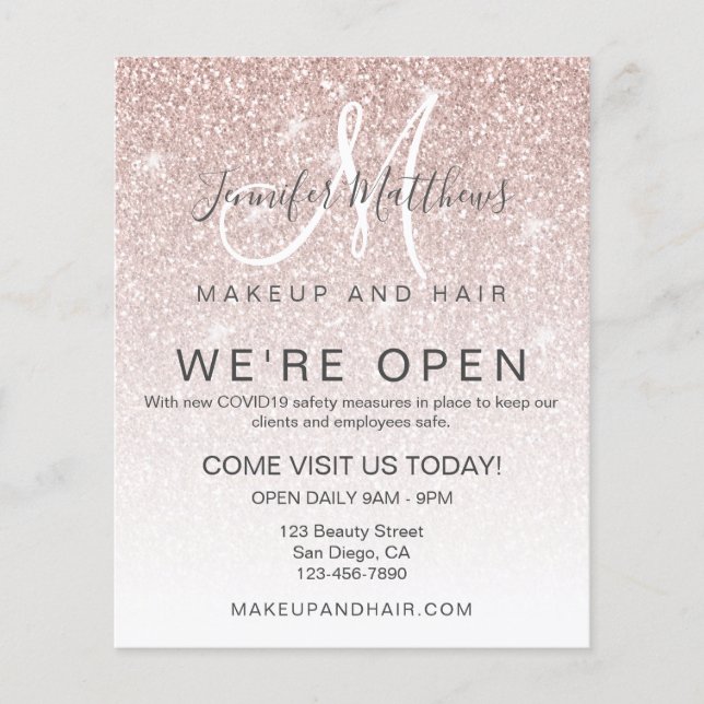 Rose Gold Glitzer Wir sind offen Salon COVID Safe Flyer (Vorne)
