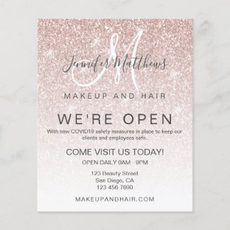 Rose Gold Glitzer Wir sind offen Salon COVID Safe Flyer