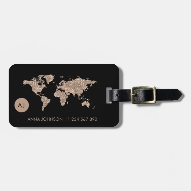 Rose Gold Glitzer World Map Monogram Name Gepäckanhänger (Vorderseite horizontal)