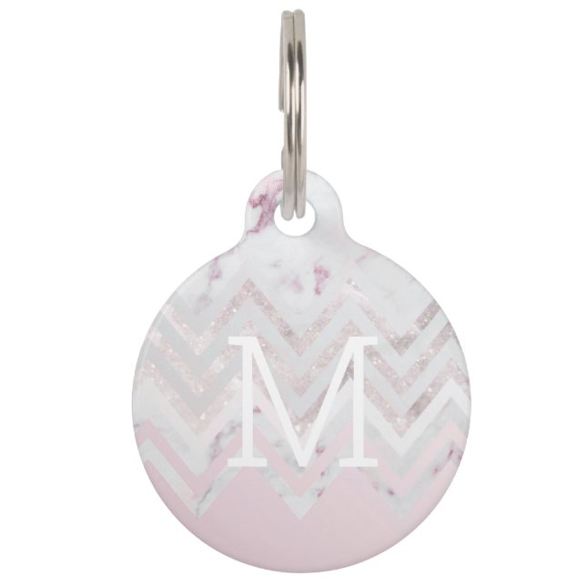 Rose Gold Glitzer Zickzack rosa Marmormonogramm Haustiermarke (Vorderseite)