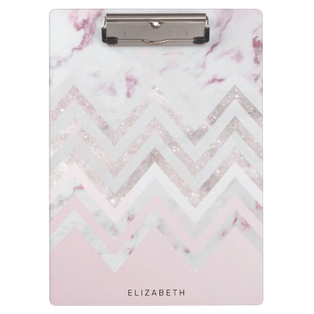 Rose Gold Glitzer Zickzack rosa Marmormonogramm Klemmbrett (Vorderseite)