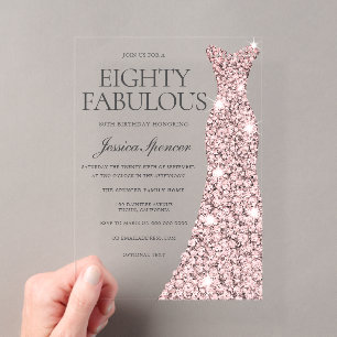 Rose Gold Glitzerkleid 80. Geburtstag Acryleinladungen