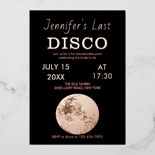 Rose Gold glitzernde Disco Ball Bride letzte Disco Folieneinladung (Vorderseite)