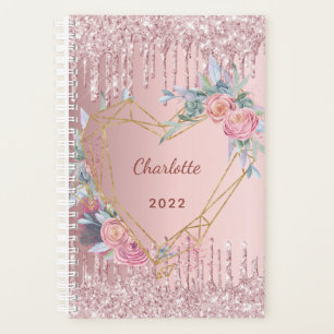 Rose gold gold glitter pink floral monogram 2023 planer