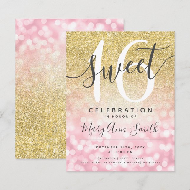 Rose Gold & Gold Glitzer Lights 16. Geburtstag Einladung (Vorne/Hinten)