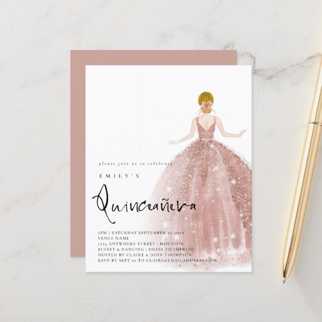 Rose Gold Gown Blonde Hair QR Quinceañera (Vorderseite/Rückseite Beispiel)