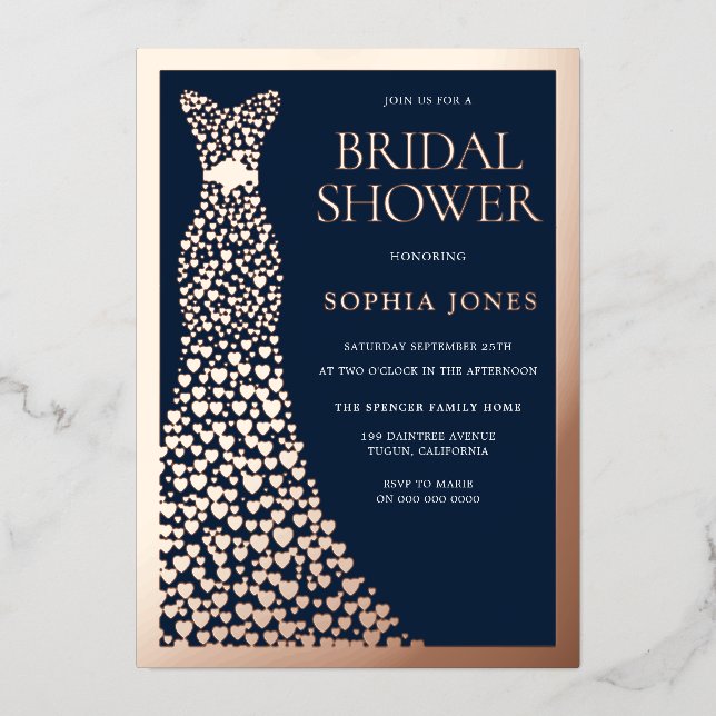 Rose Gold Gown & Border Navy Brautparty Folieneinladung (Vorderseite)