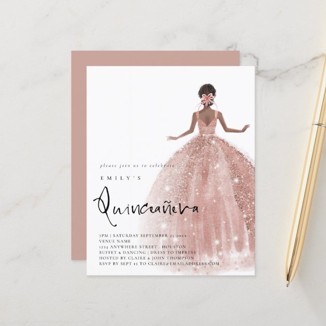 Rose Gold Gown Dunkle Haare QR Quinceañera (Vorderseite/Rückseite Beispiel)