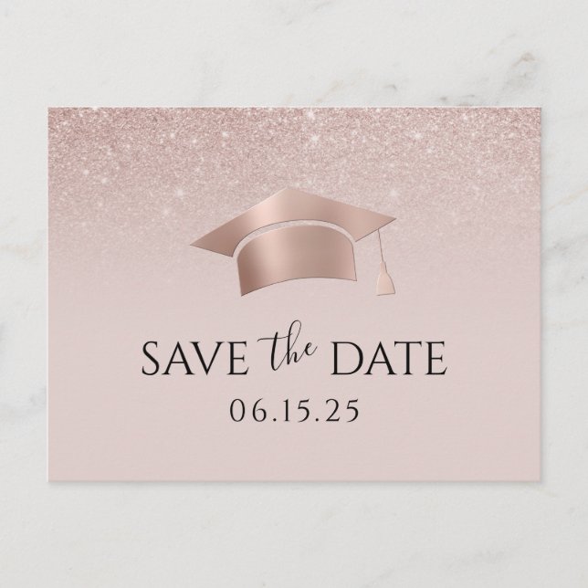 Rose Gold Grad Cap Blush Pink Ombre Abschluss Ankündigungspostkarte (Vorderseite)