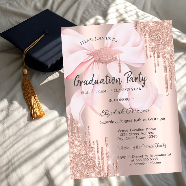 Rose Gold Grad Cap Drips Bow Photo Graduation Einladung (Von Creator hochgeladen)