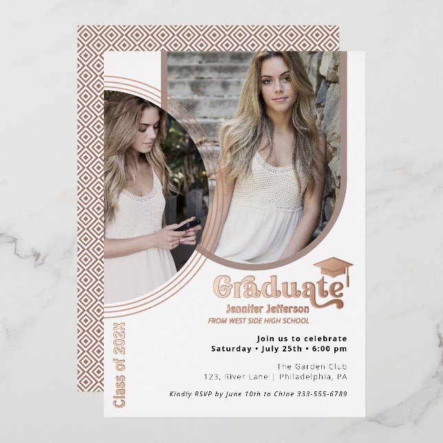 Rose Gold Graduation 2 Photos Foil Invitation (Recto/Verso)