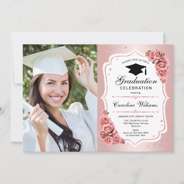 Rose Gold Graduation Party mit Foto Einladung (Vorderseite)
