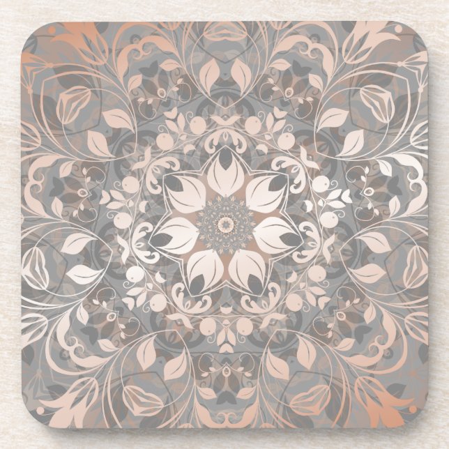 Rose Gold Graue Florale Mandala Getränkeuntersetzer (Vorderseite)