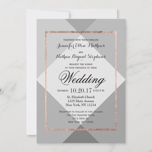 Rose Gold Grauer Geo Hochzeitsempfang Einladung (Vorderseite)