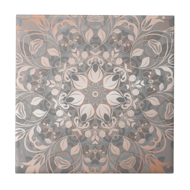 Rose Gold Gray Floral Mandala Fliese (Vorderseite)