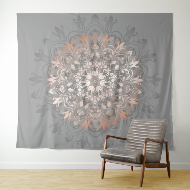 Rose Gold Gray Floral Mandala Wandteppich (Beispiel (Horizontal))