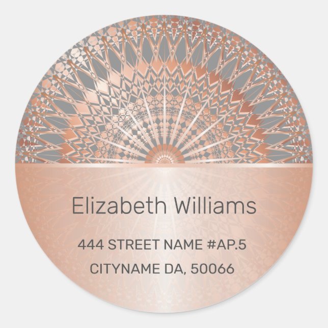 Rose Gold Gray Mandala Adressetikett Runder Aufkleber (Vorderseite)