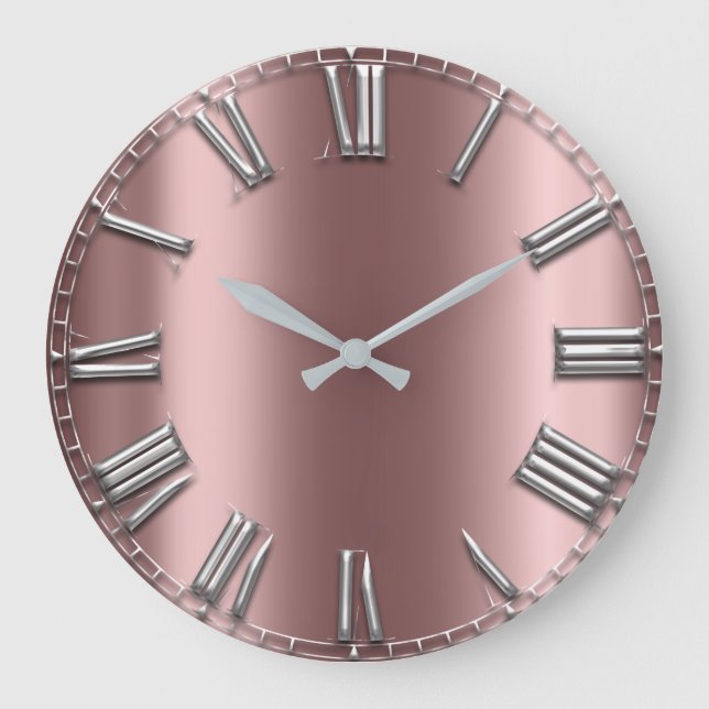 Rose Gold Gray Metal Blush Silber römische Zahlen Große Wanduhr (Vorderseite)