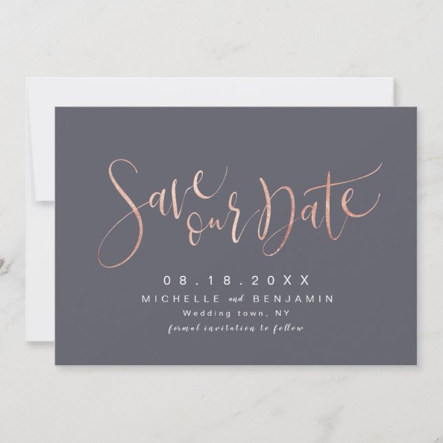 Rose Gold Gray Modernes Einfaches Skript Save the  Save The Date (Vorderseite)