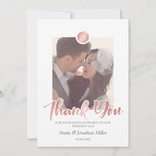 Rose Gold & Gray Monogram Wedding Foto Vielen Dank Dankeskarte (Vorderseite)