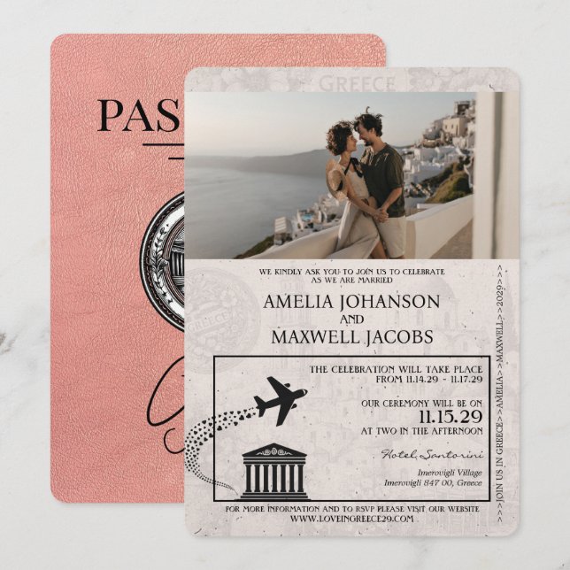 Rose Gold Greece Pass Einladung zur Hochzeit (Vorne/Hinten)