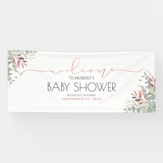 Rose Gold Green Branches Baby Shower Banner (Horizontal)
