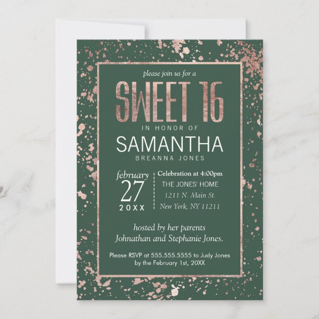 Rose Gold Green Paint Spritzer Sweet 16 Einladung (Vorderseite)