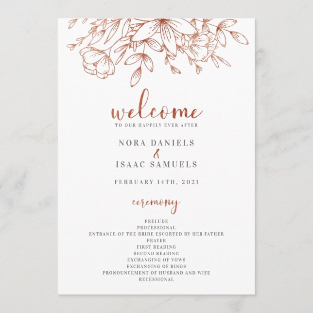 Rose Gold Green Wedding Zeremonie Programm (Vorderseite)
