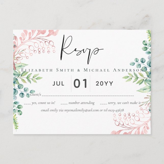 Rose Gold Greenerity Wedding RSVP MENU Postkarte (Vorderseite)