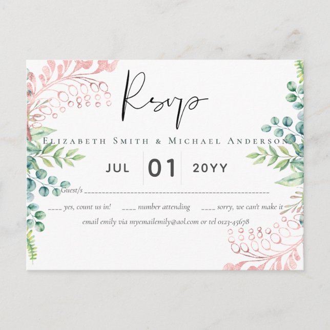 Rose Gold Greenery Wedding RSVP MENU (Devant)