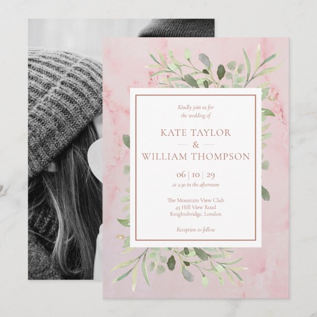 Rose Gold Grüne Blätter Foto Hochzeit Einladung (Vorne/Hinten)
