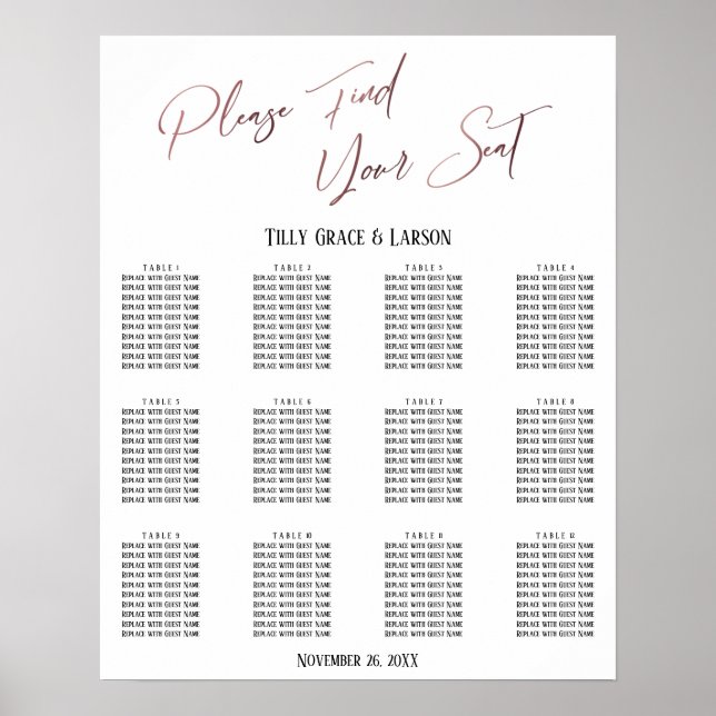 Rose Gold Handwriting Empfang Sitzplan Poster (Vorne)