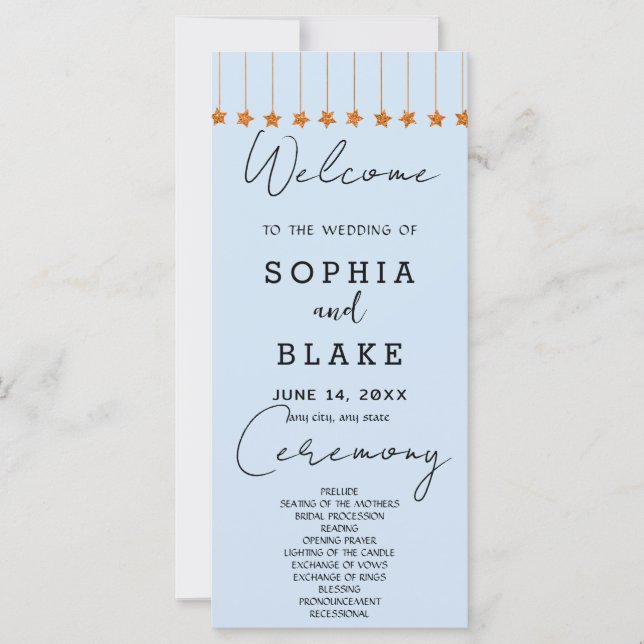 Rose Gold Hanging Stars Light Blue Wedding Program (Vorderseite)