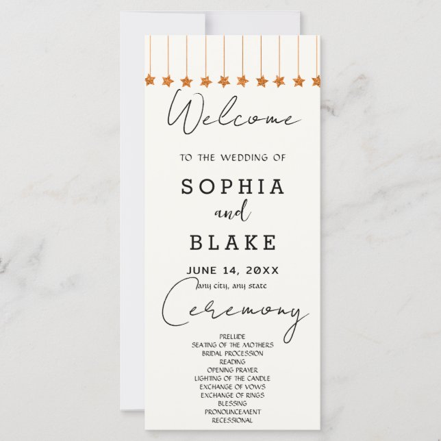 Rose Gold Hanging Stars Off White Wedding Programm (Vorderseite)