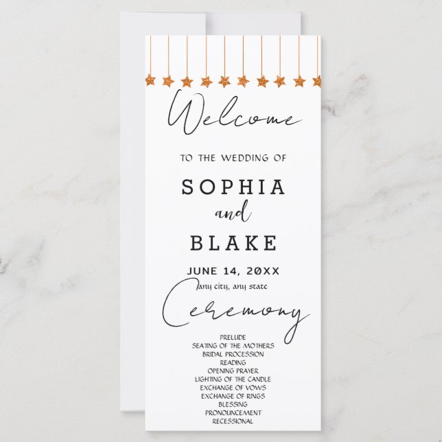 Rose Gold Hanging Stars White Wedding Program (Vorderseite)