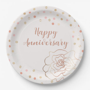 Rose Gold Happy Jubiläum mit Polka Dots Pappteller